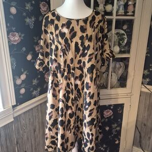 SHEIN Tan Leopard Print Ruffle Sleeve Midi Dress